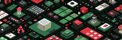 Illustration of a friendly digital hub filled with colorful game tiles and icons, green and red accent palette, no text --ar 4:3