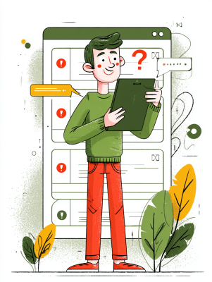 Illustration of a friendly character browsing a FAQ screen on a tablet, green and red accent palette, no text --ar 4:3