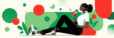 Calm illustration of an adult taking a break from digital games, stretching or sipping a drink, abstract, green and red accents, no text --ar 4:3