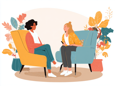 Supportive scene of a person talking with a friend or counselor in a simple abstract style, warm and calm colors, no text --ar 4:3